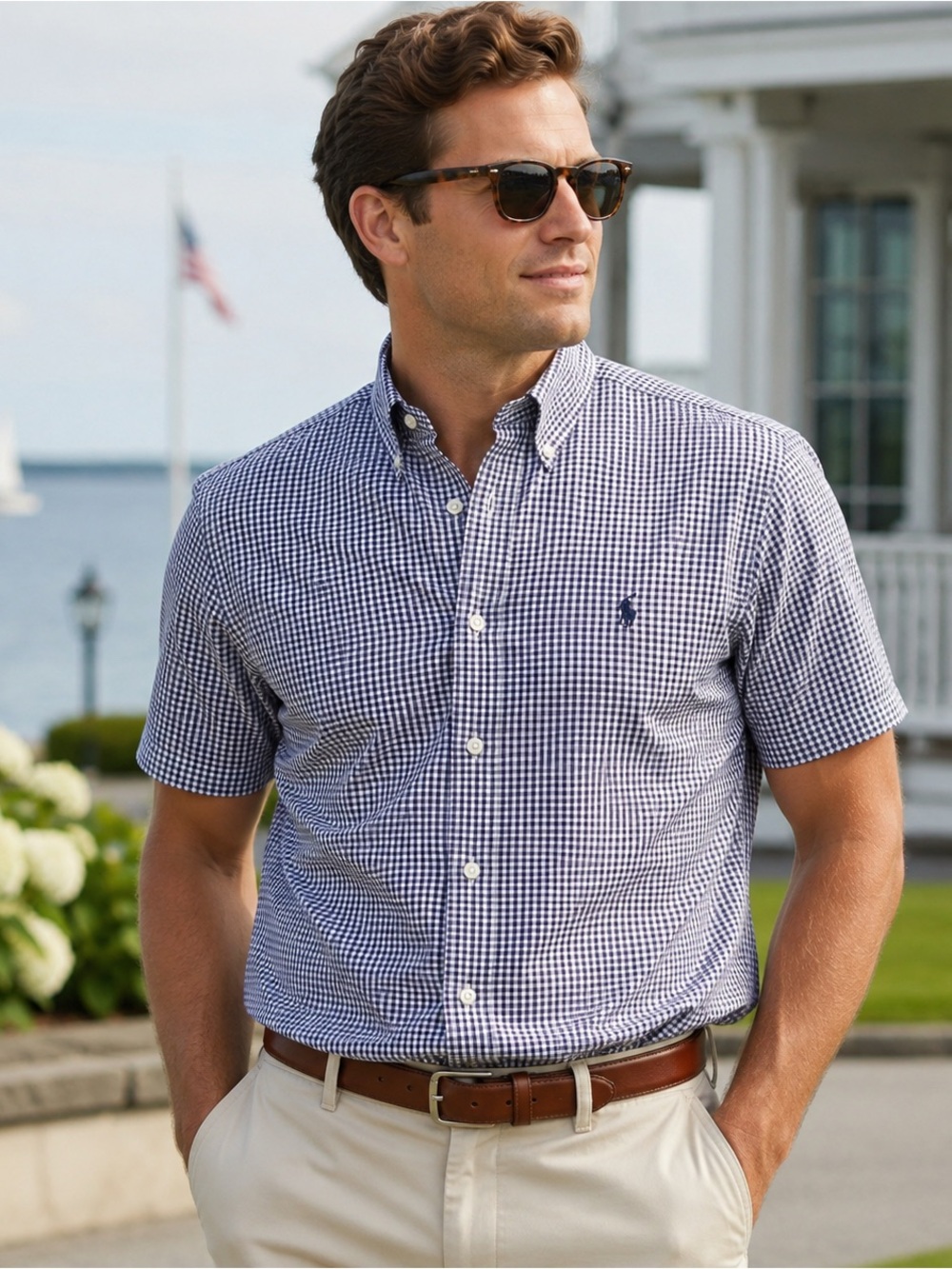 Ralph Lauren Blake Shirt Mens Large Blue White Gingham Check Short Sleeve L
